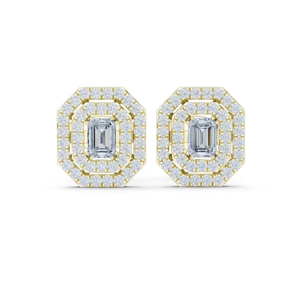 Octagonal halo stud earrings with emerald-cut center stone, yellow gold diamond halo