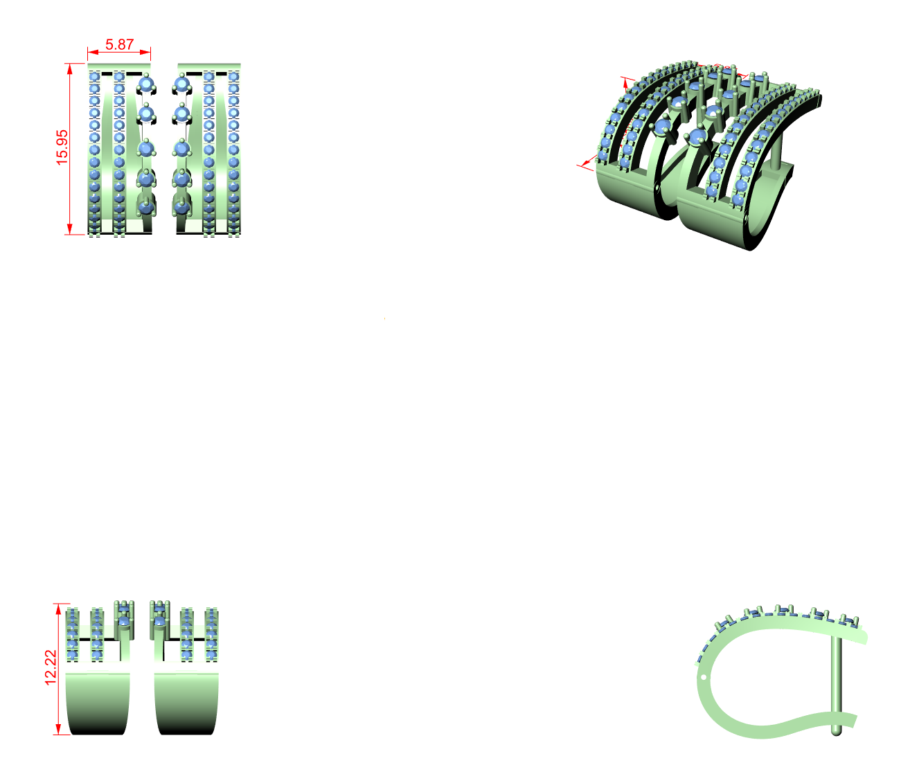 Triple-row diamond J-hoop earring CAD diagram with multiple views