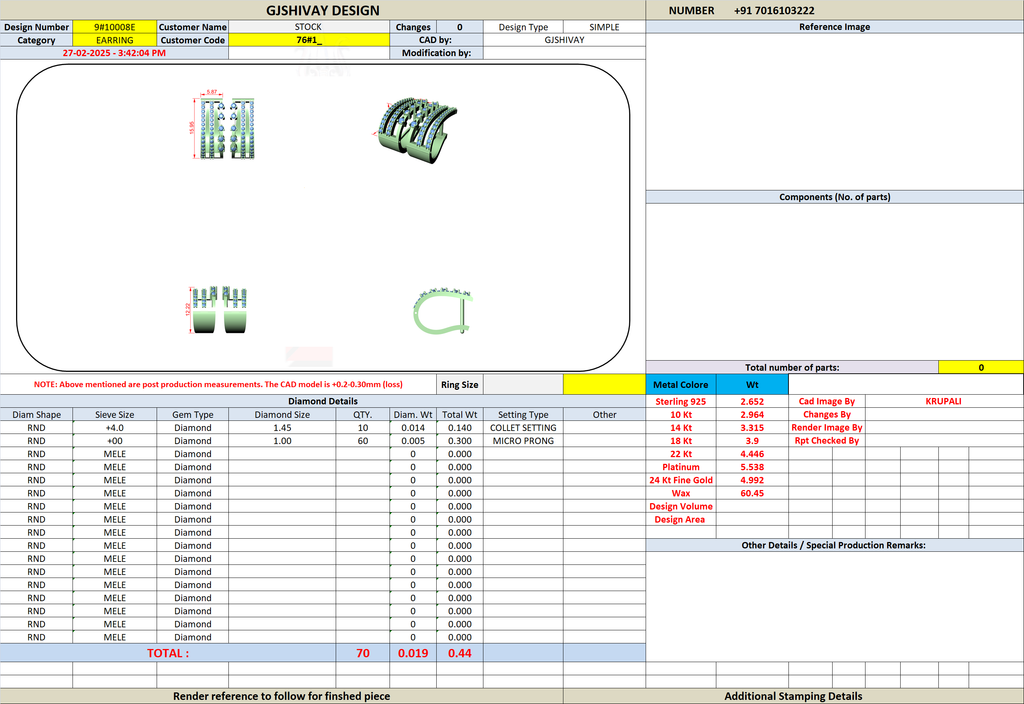 Triple-row diamond J-hoop earring technical spec sheet with parts table