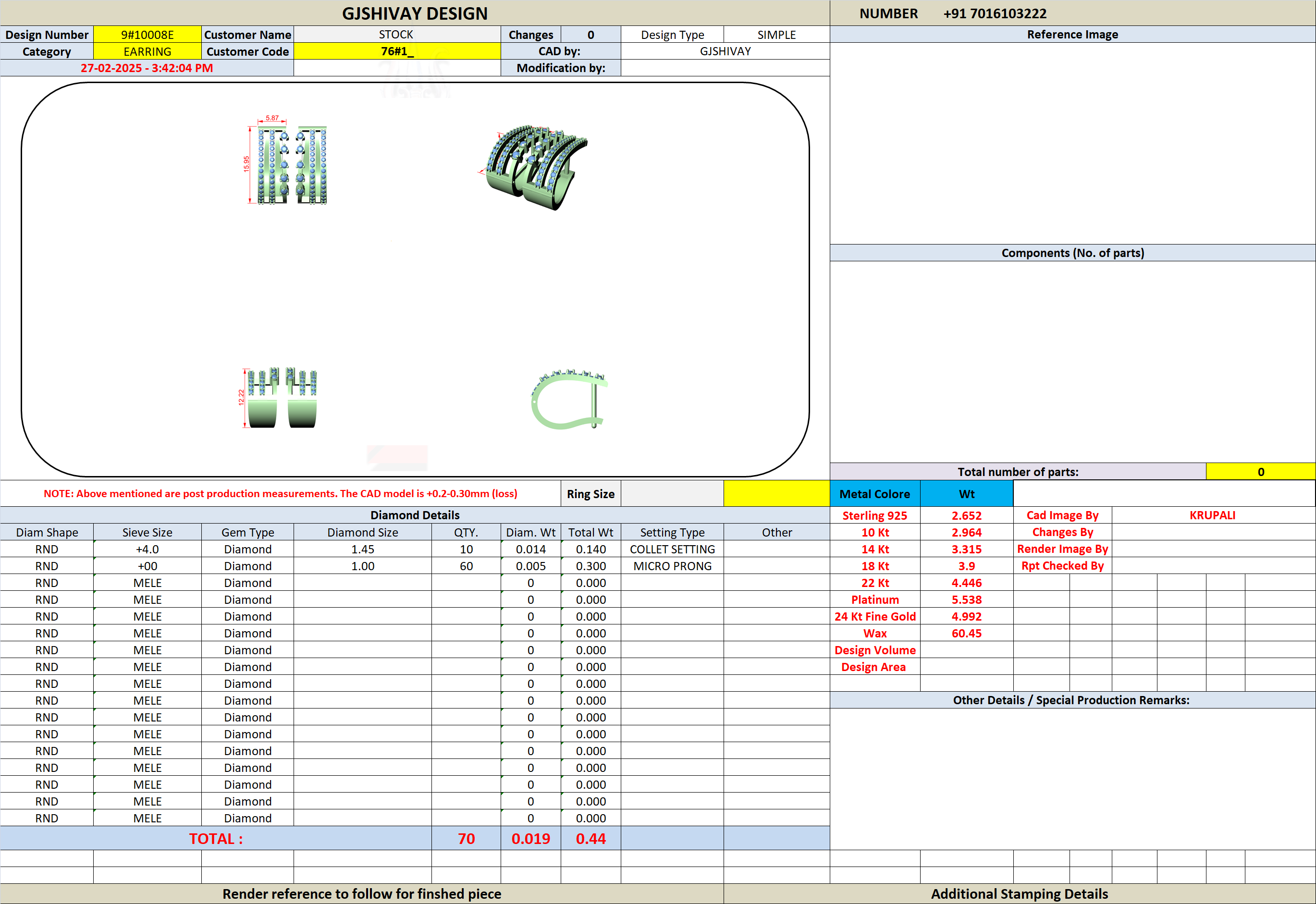 Triple-row diamond J-hoop earring technical spec sheet with parts table