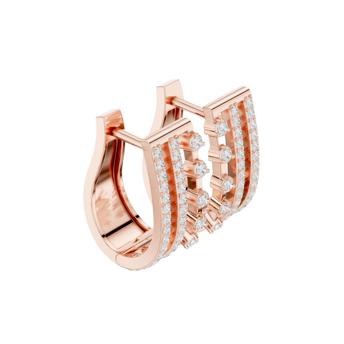 Triple-row diamond J-hoop earrings in rose gold with round-cut stones