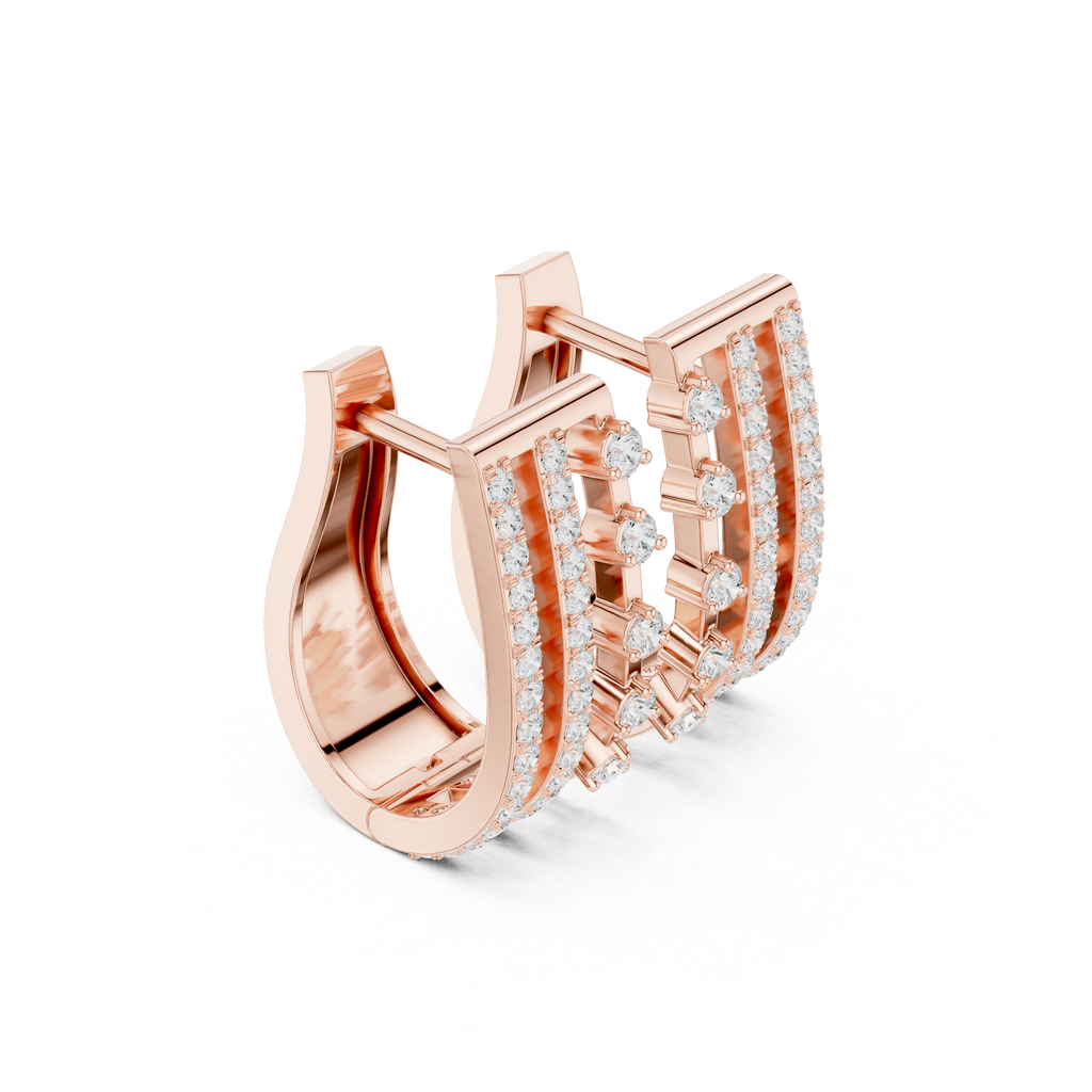 Triple-row diamond J-hoop earrings in rose gold with round-cut stones