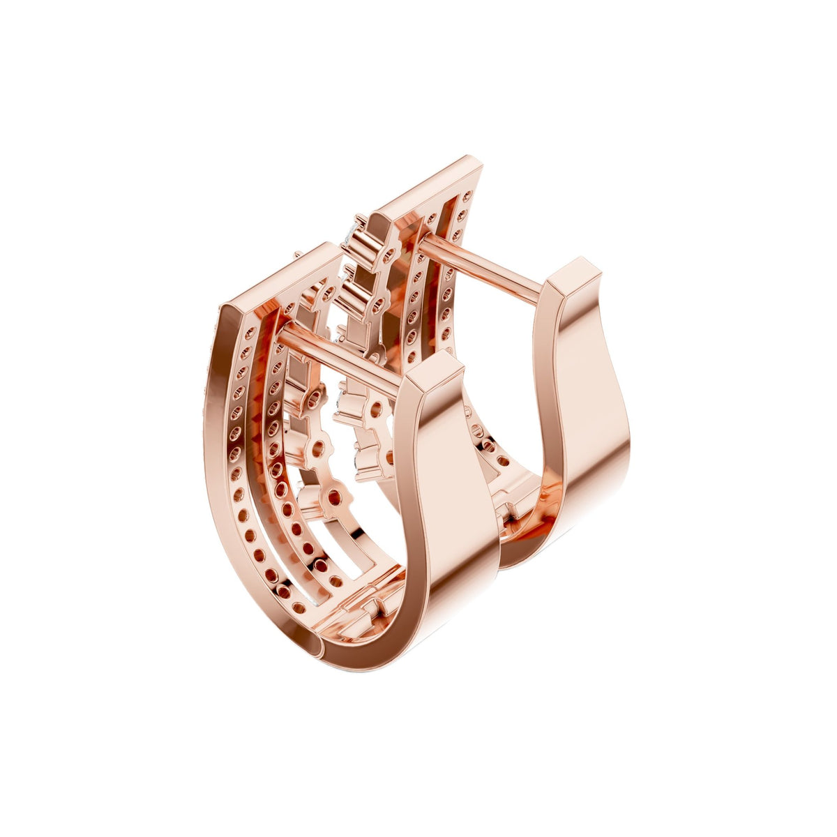 Rose gold triple-row diamond J-hoop earrings, side view