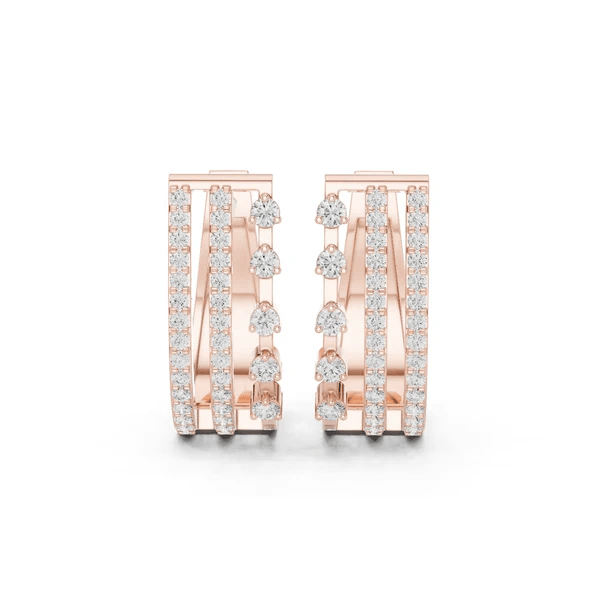 Triple-row diamond J-hoop earrings, rose gold with round stones and three vertical bands