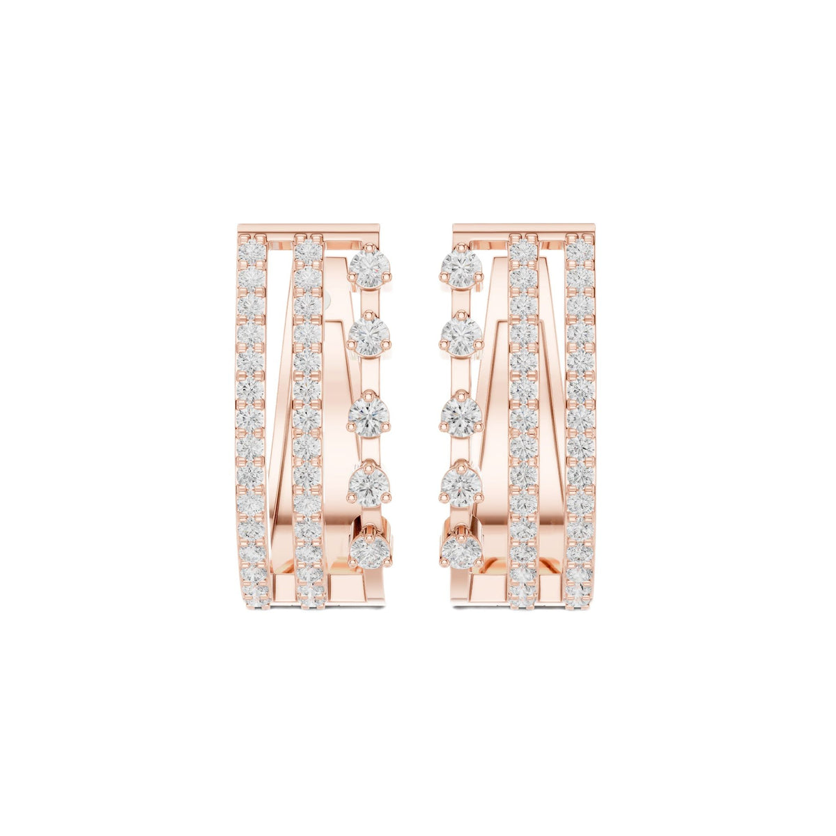 Triple-row diamond J-hoop earrings in rose gold, front view