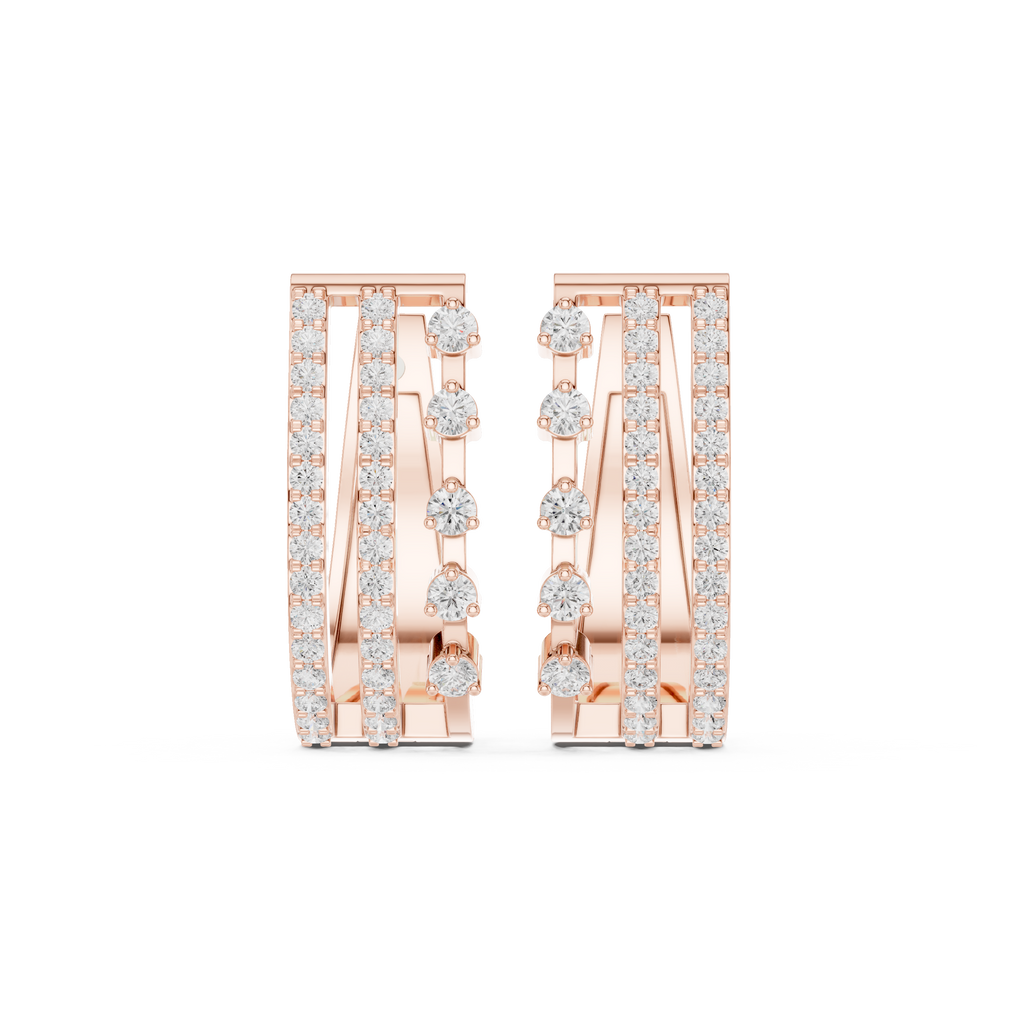 Triple-row diamond J-hoop earrings in rose gold, front view