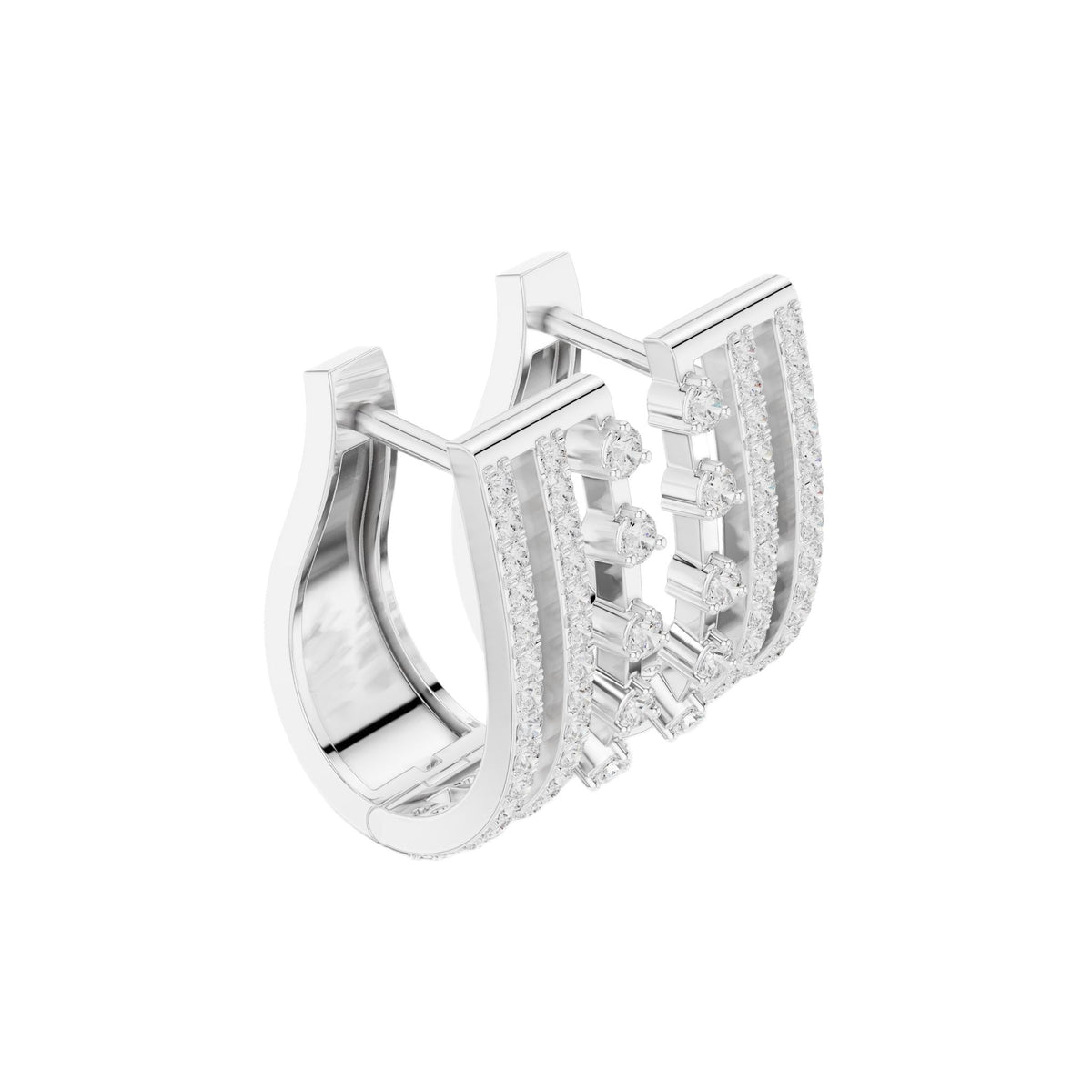 Wide diamond hoop earrings, multi-row design, white metal with round diamond detailing