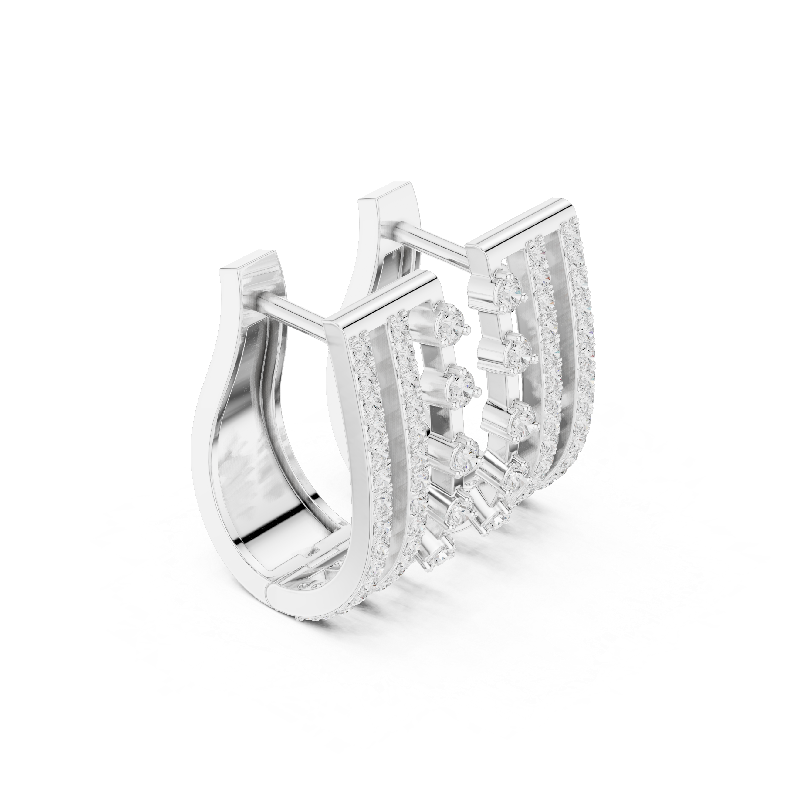 Triple-row diamond J-hoop earrings in white gold with round-cut stones