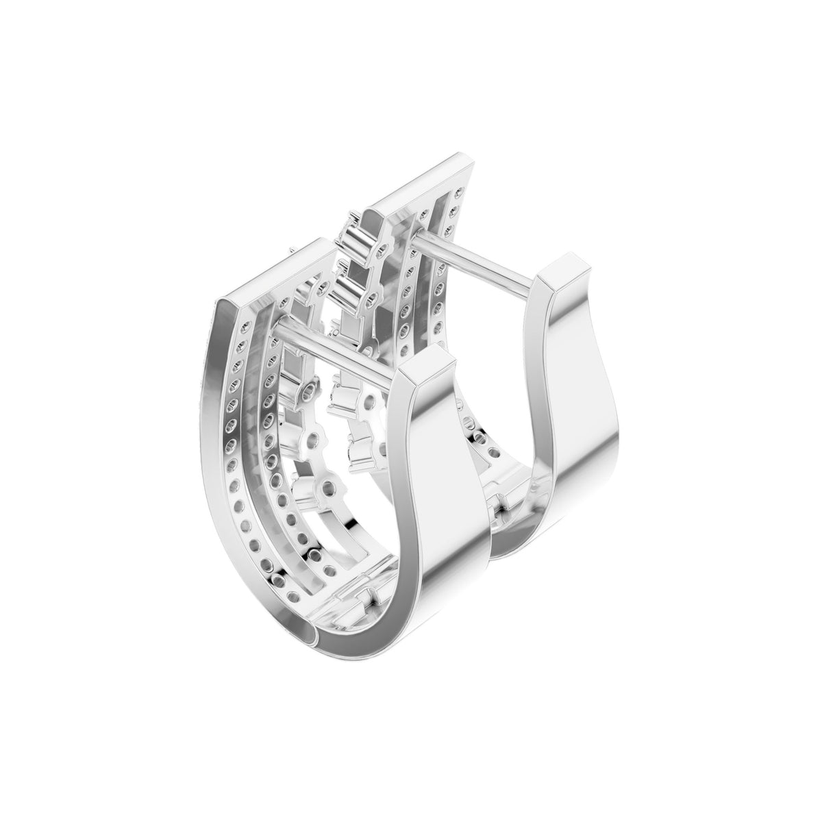 Wide diamond hoop earrings, multi-row design, white metal from side view