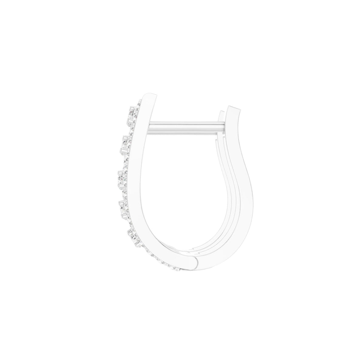 Wide diamond hoop earrings, multi-row design, white metal hoop with round diamond accents