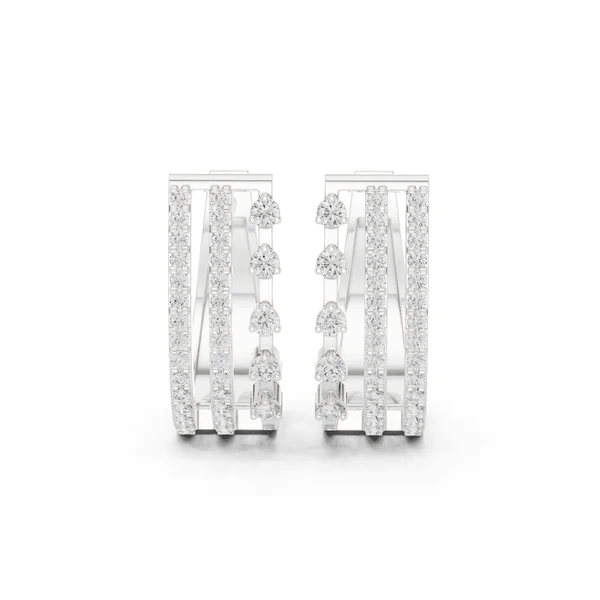 Triple-row diamond J-hoop earrings, white metal with round stones and three vertical bands