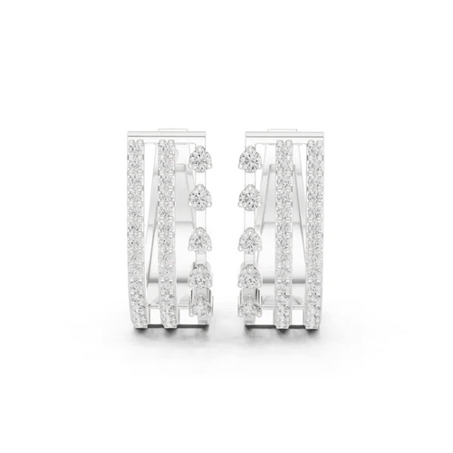 Triple-row diamond J-hoop earrings, white metal with round stones and three vertical bands