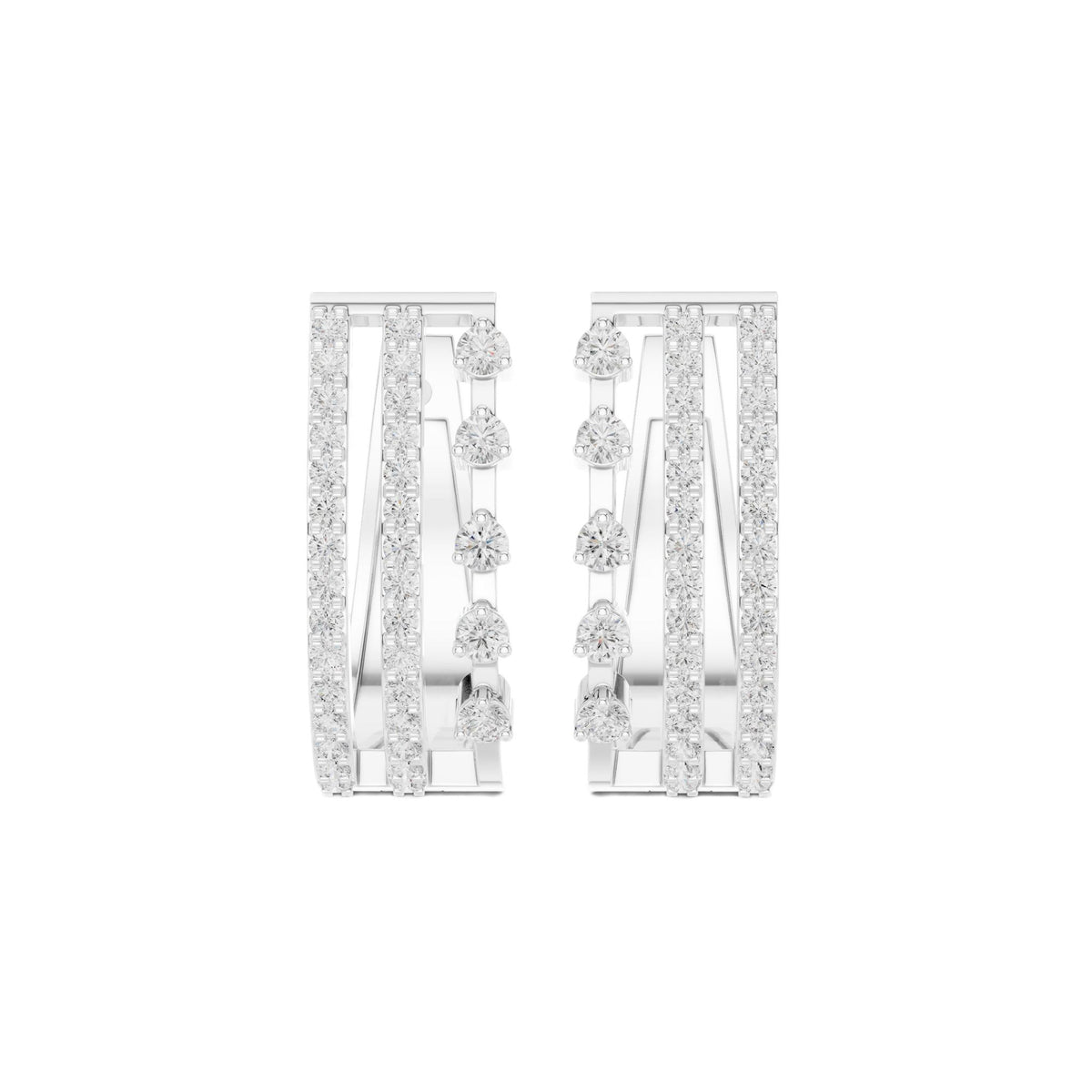 Pair of wide diamond hoop earrings, multi-row design, white metal with round stones