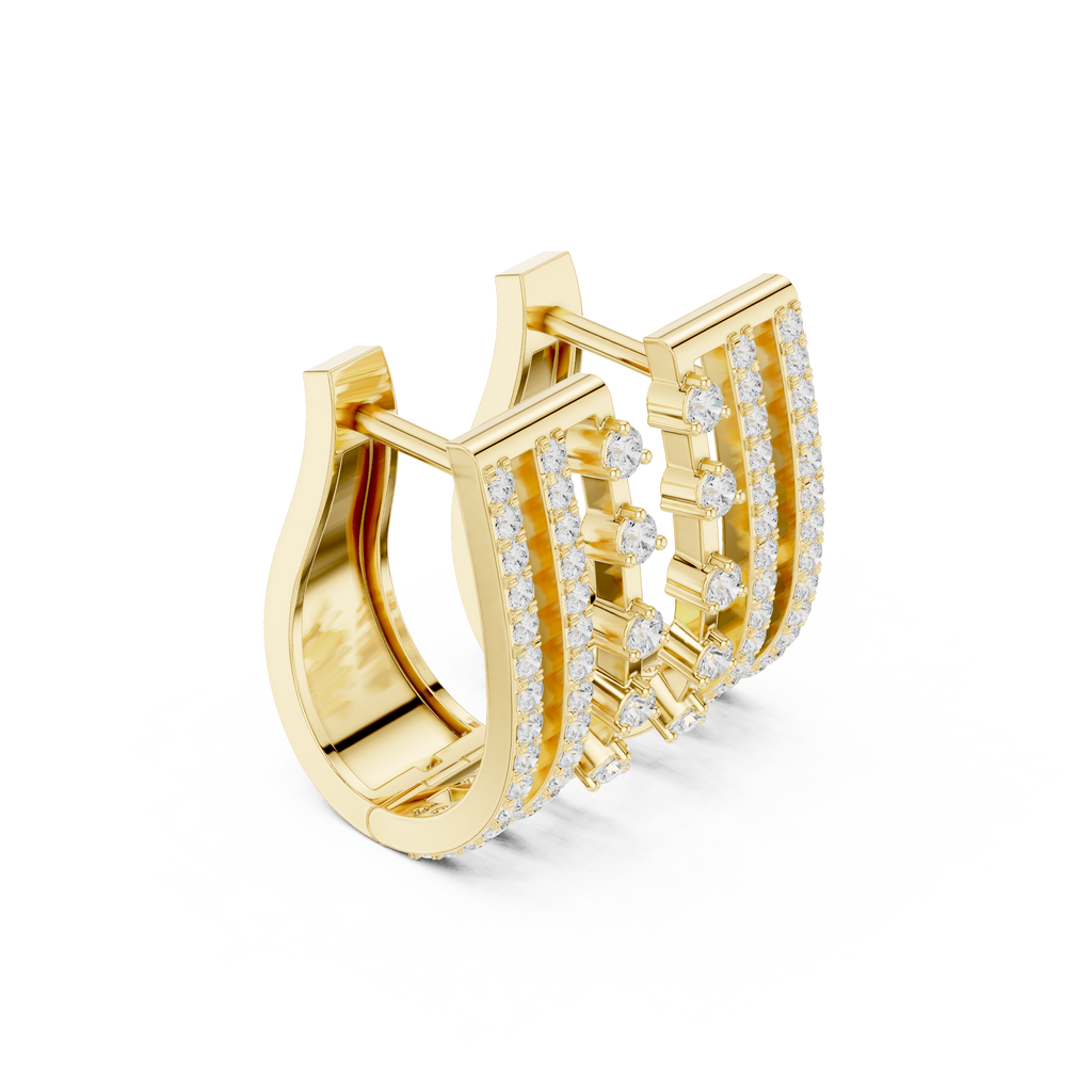 Yellow gold triple-row diamond J-hoop earrings with round stones