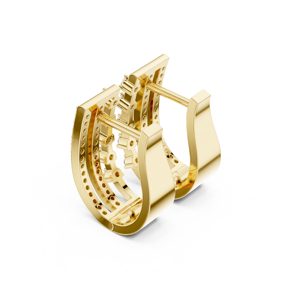 Yellow gold triple-row diamond J-hoop earrings, angled view