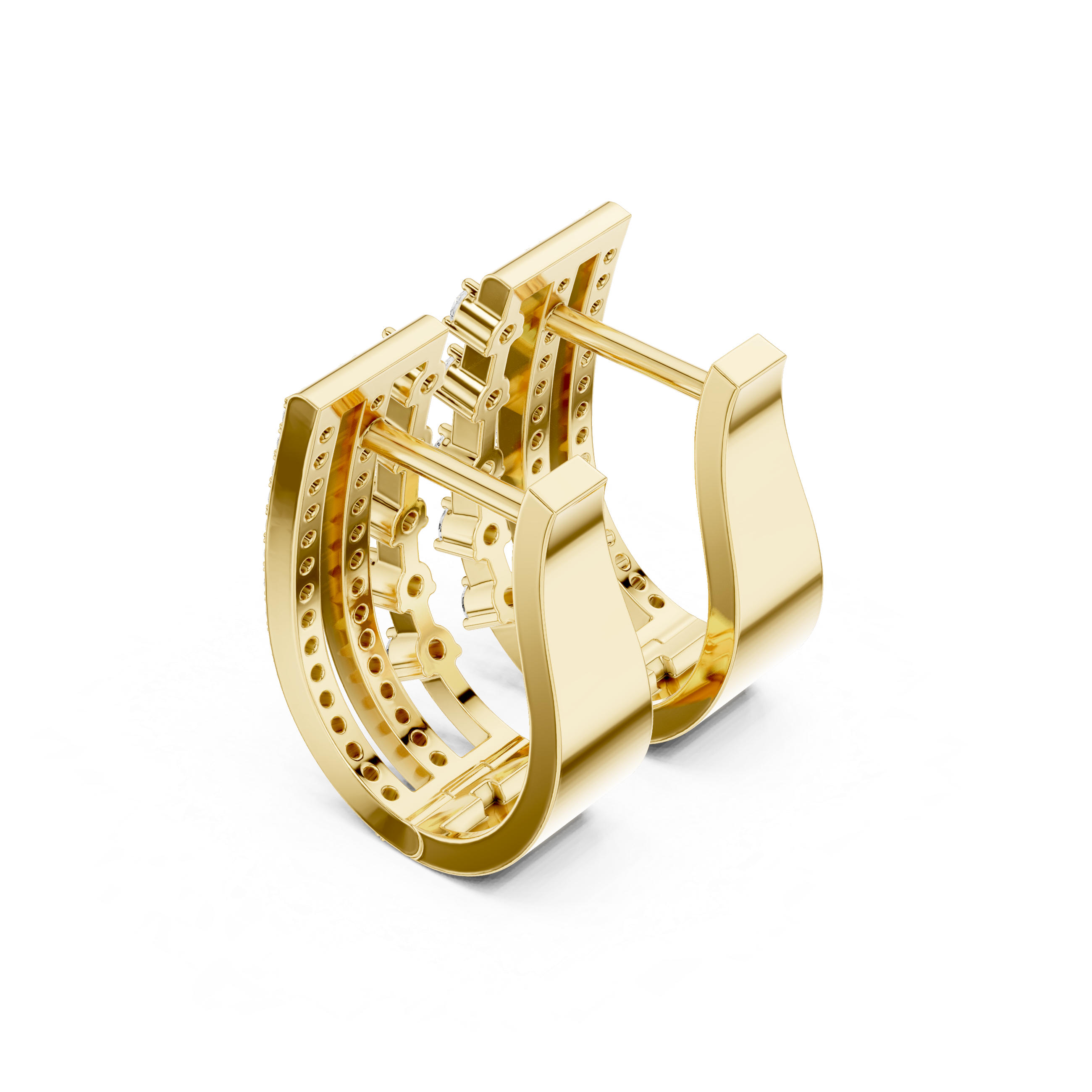 Yellow gold triple-row diamond J-hoop earrings, angled view