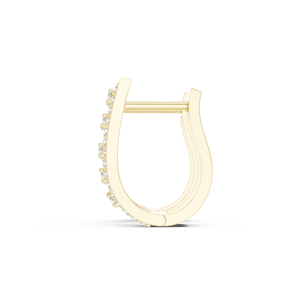 Yellow gold diamond J-hoop earrings with round stones, side view