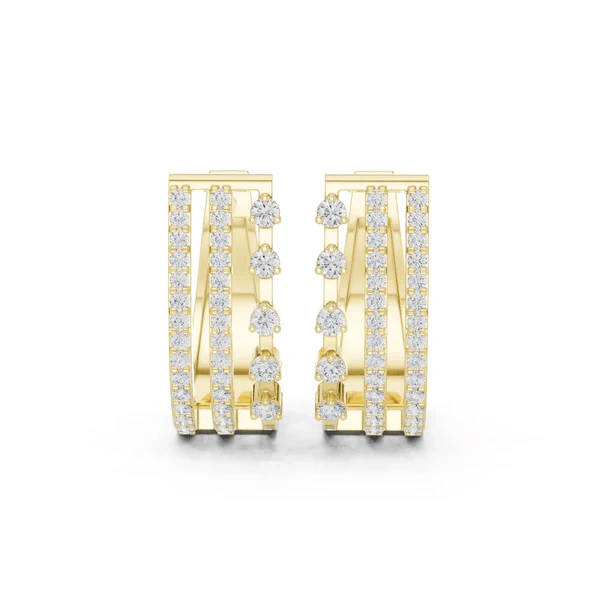 Triple-row diamond J-hoop earrings, yellow gold with round stones and three vertical bands