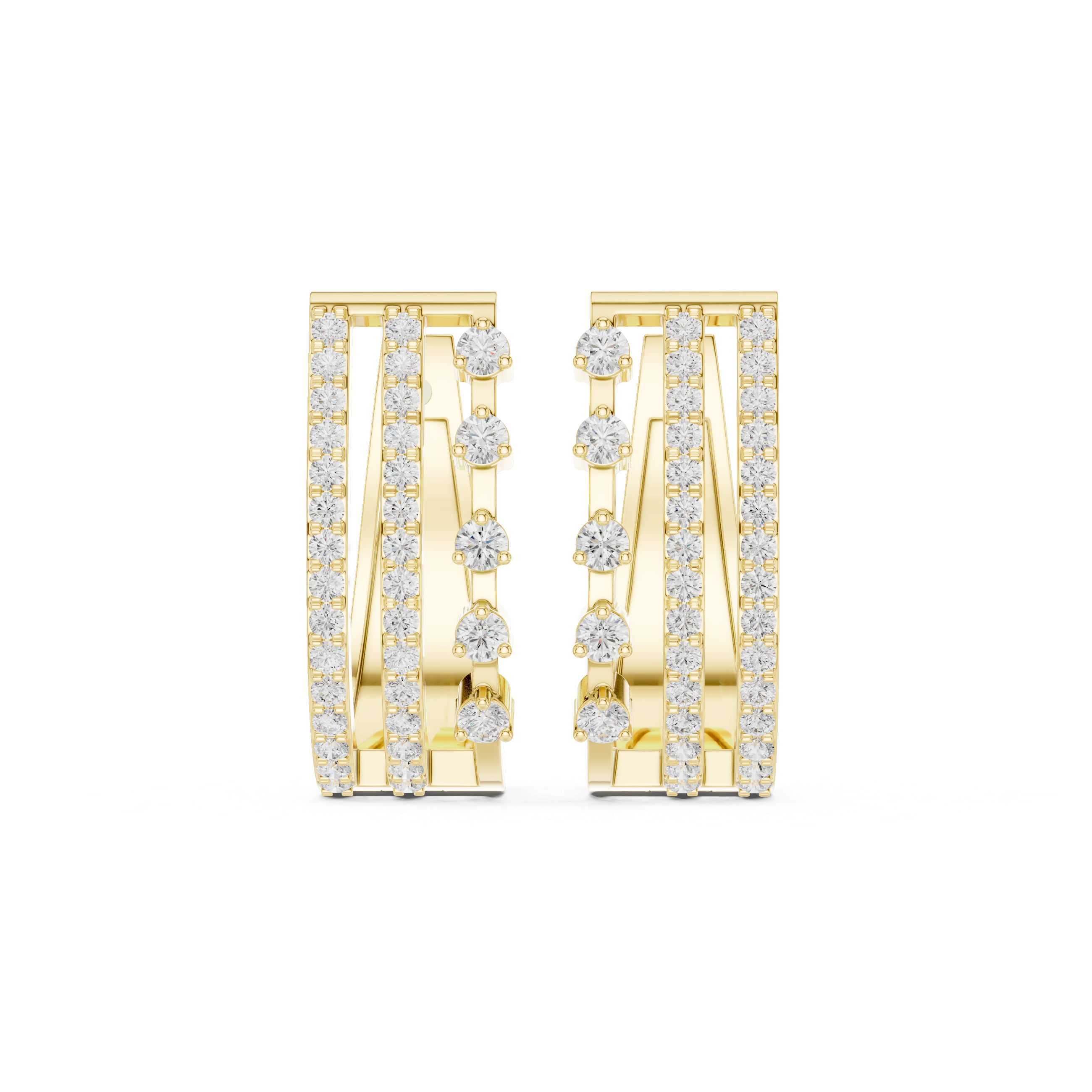 Triple-row diamond J-hoop earrings in yellow gold with round-cut stones