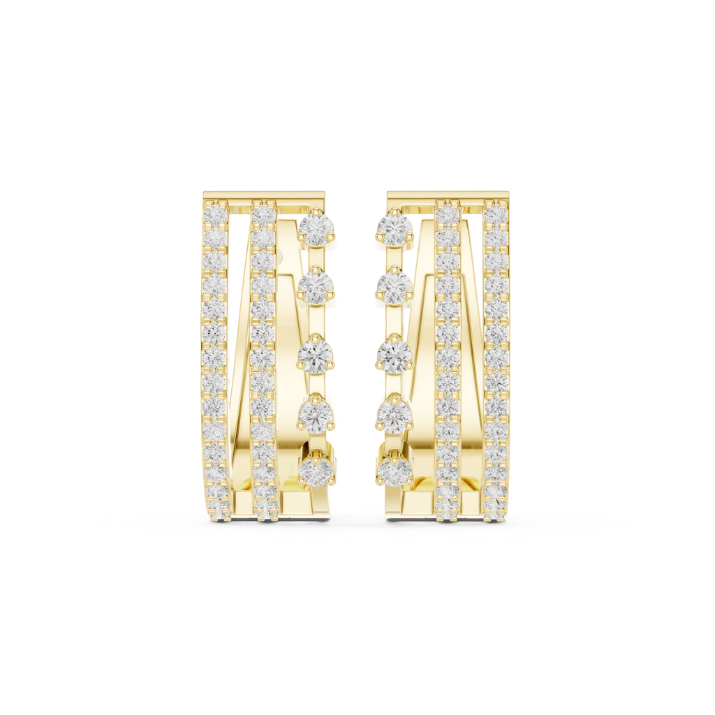 Triple-row diamond J-hoop earrings in yellow gold with round-cut stones