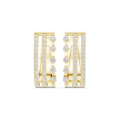 Triple-row diamond J-hoop earrings in yellow gold with round-cut stones