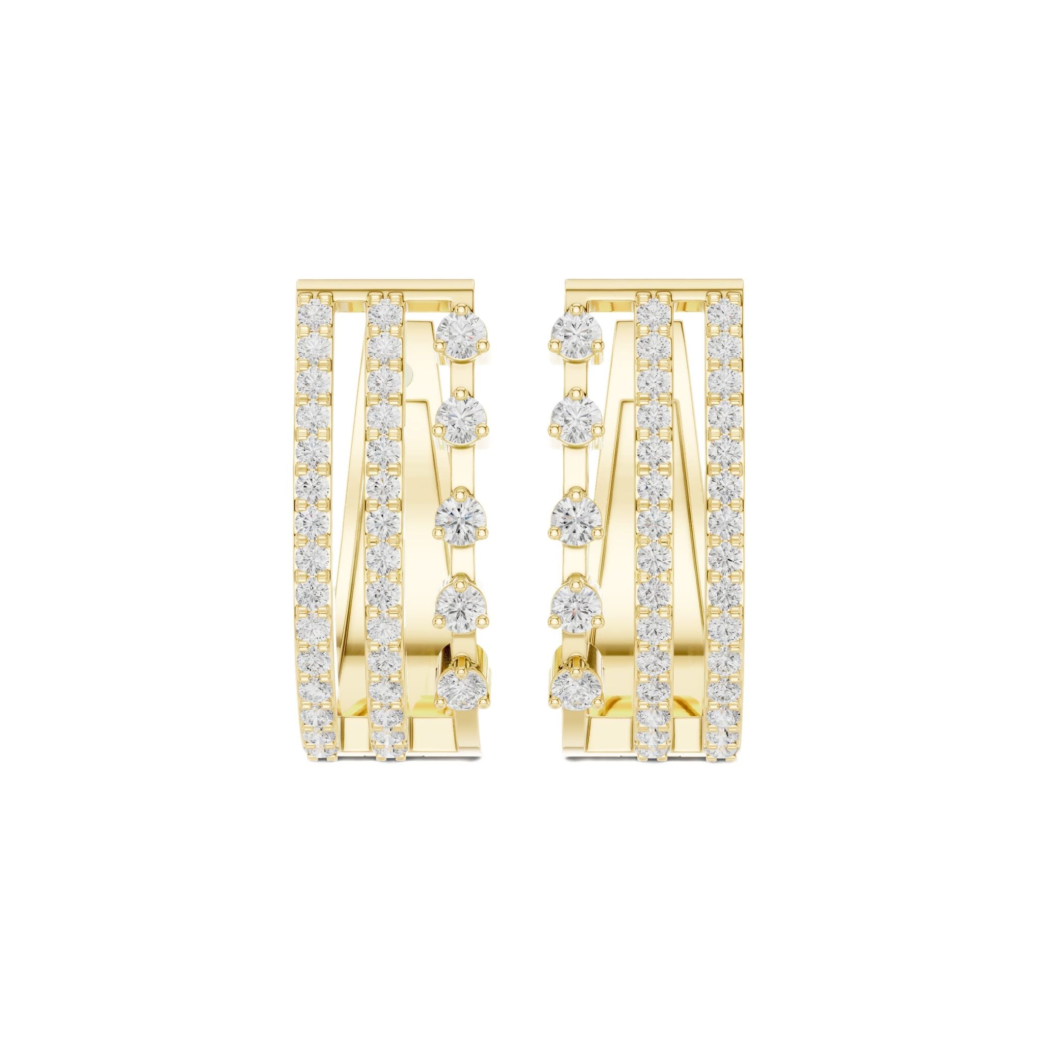 Pair of wide diamond hoop earrings, multi-row design, yellow metal with round stones