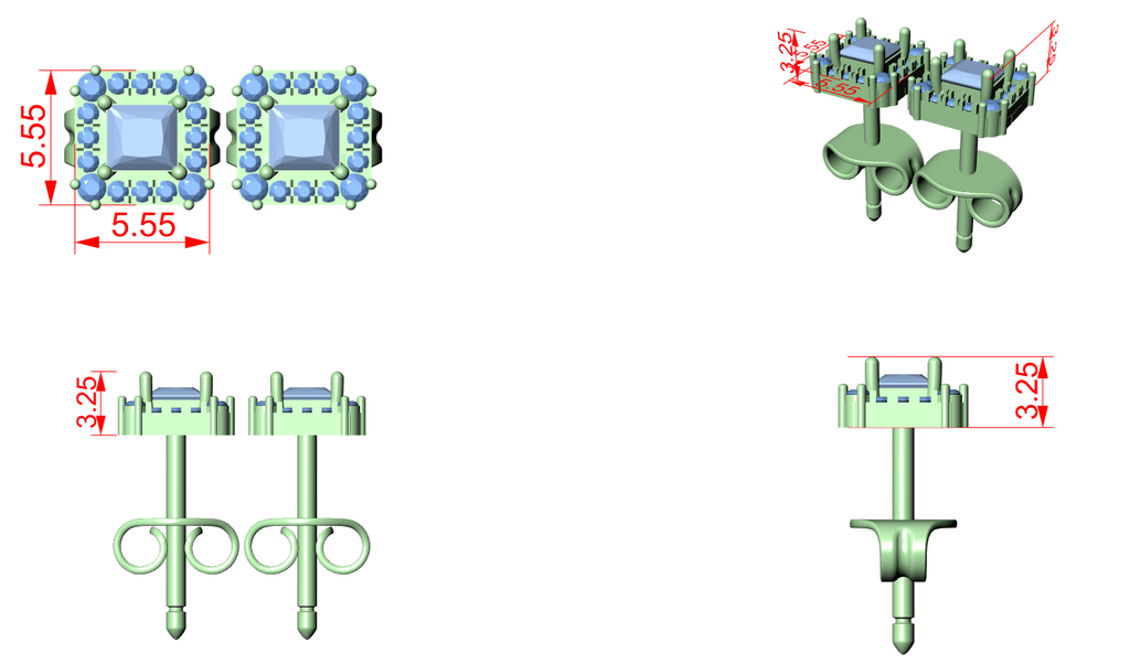 Princess-cut halo stud earring view diagram showing square blue stone and post backing