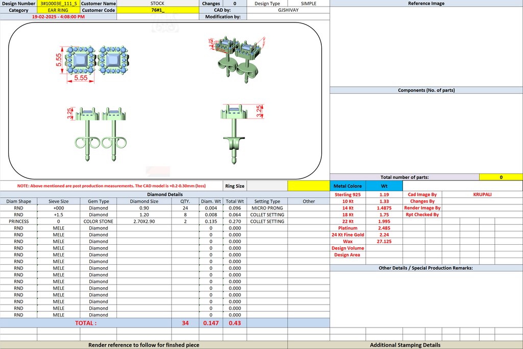 Princess-cut halo stud earring CAD diagram with blue stone and prong settings