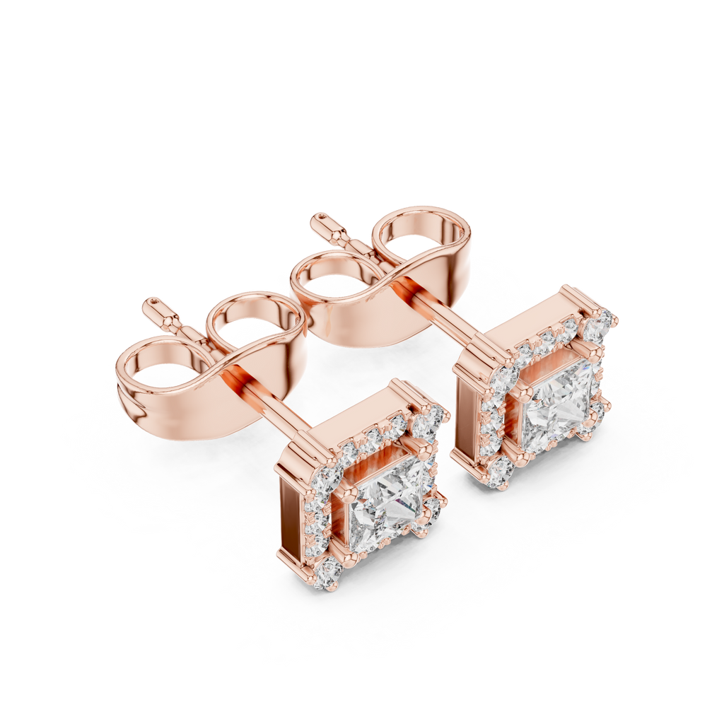 Princess-cut diamond halo stud earrings, rose gold setting with square center stones.