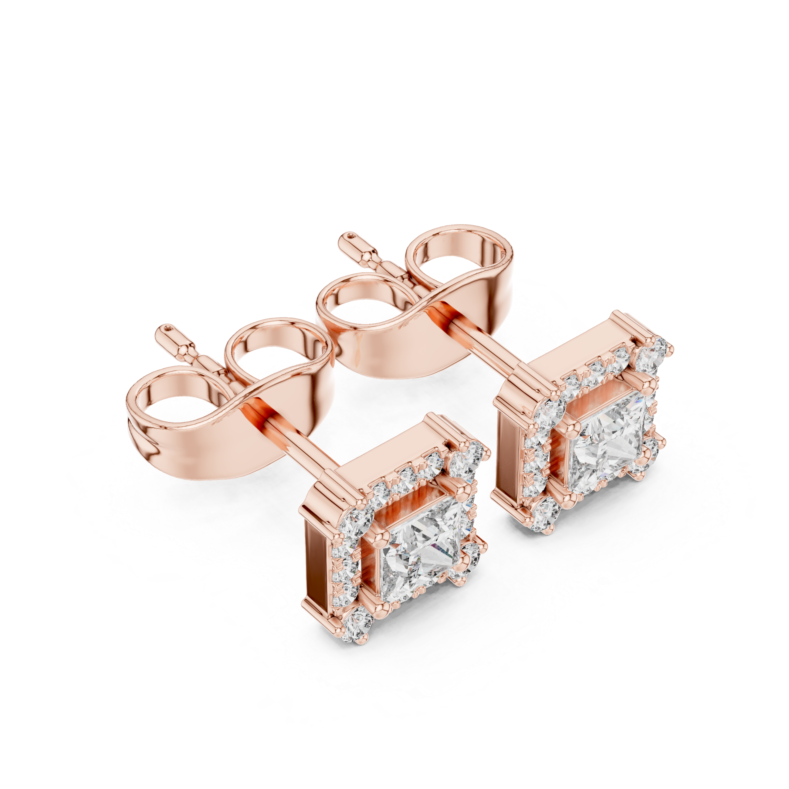 Princess-cut diamond halo stud earrings, rose gold setting with square center stones.