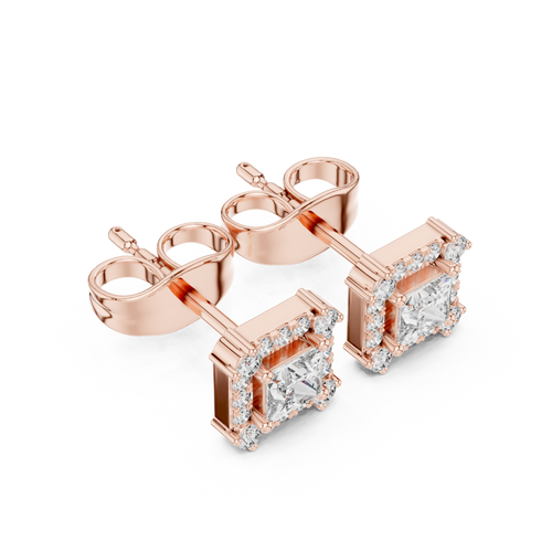 Princess-cut diamond halo stud earrings, rose gold setting with square center stones.