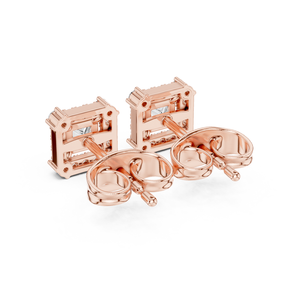 Princess-cut diamond halo stud earrings, rose gold back view with square center stones.
