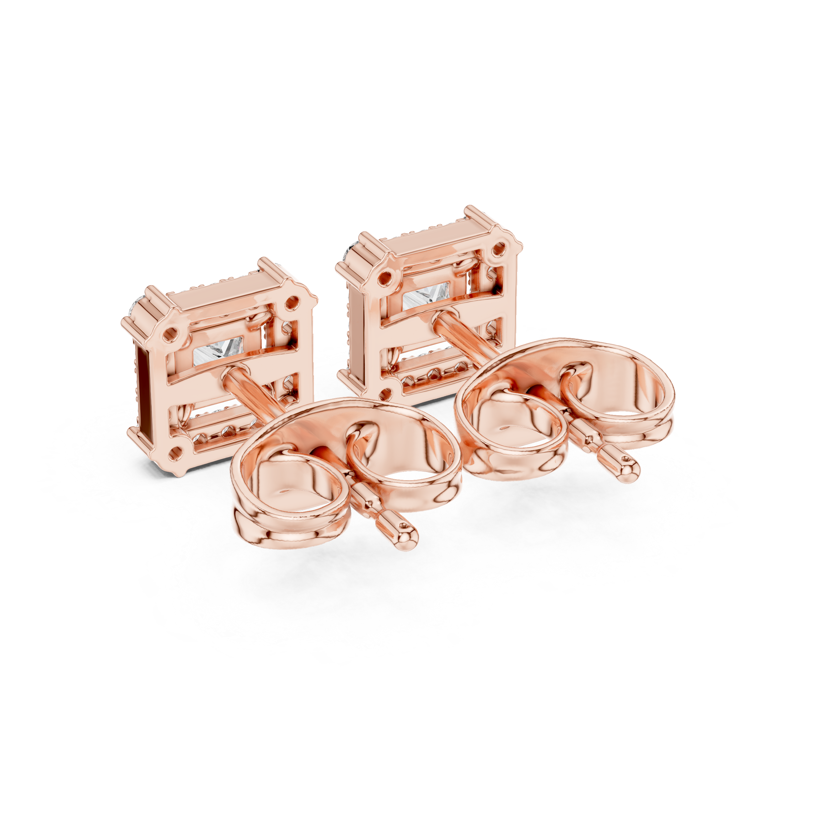 Princess-cut diamond halo stud earrings, rose gold back view with square center stones.