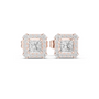 Princess-cut gemstone halo stud earrings, rose-gold tone, rectangular settings with diamonds.
