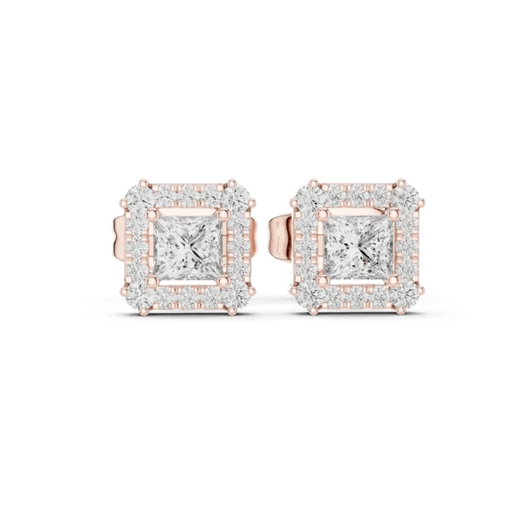 Princess-cut gemstone halo stud earrings, rose-gold tone, rectangular settings with diamonds.