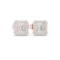Princess-cut gemstone halo stud earrings, rose-gold tone, rectangular settings with diamonds.