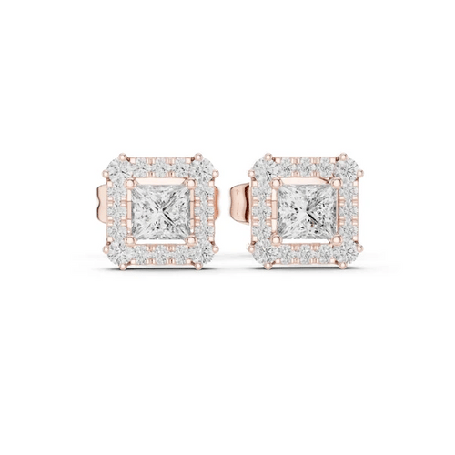 Princess-cut gemstone halo stud earrings, rose-gold tone, rectangular settings with diamonds.