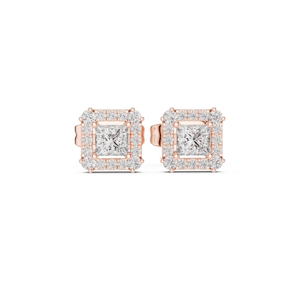 Princess-cut diamond halo stud earrings, rose gold square centers with micro-pavé halo.