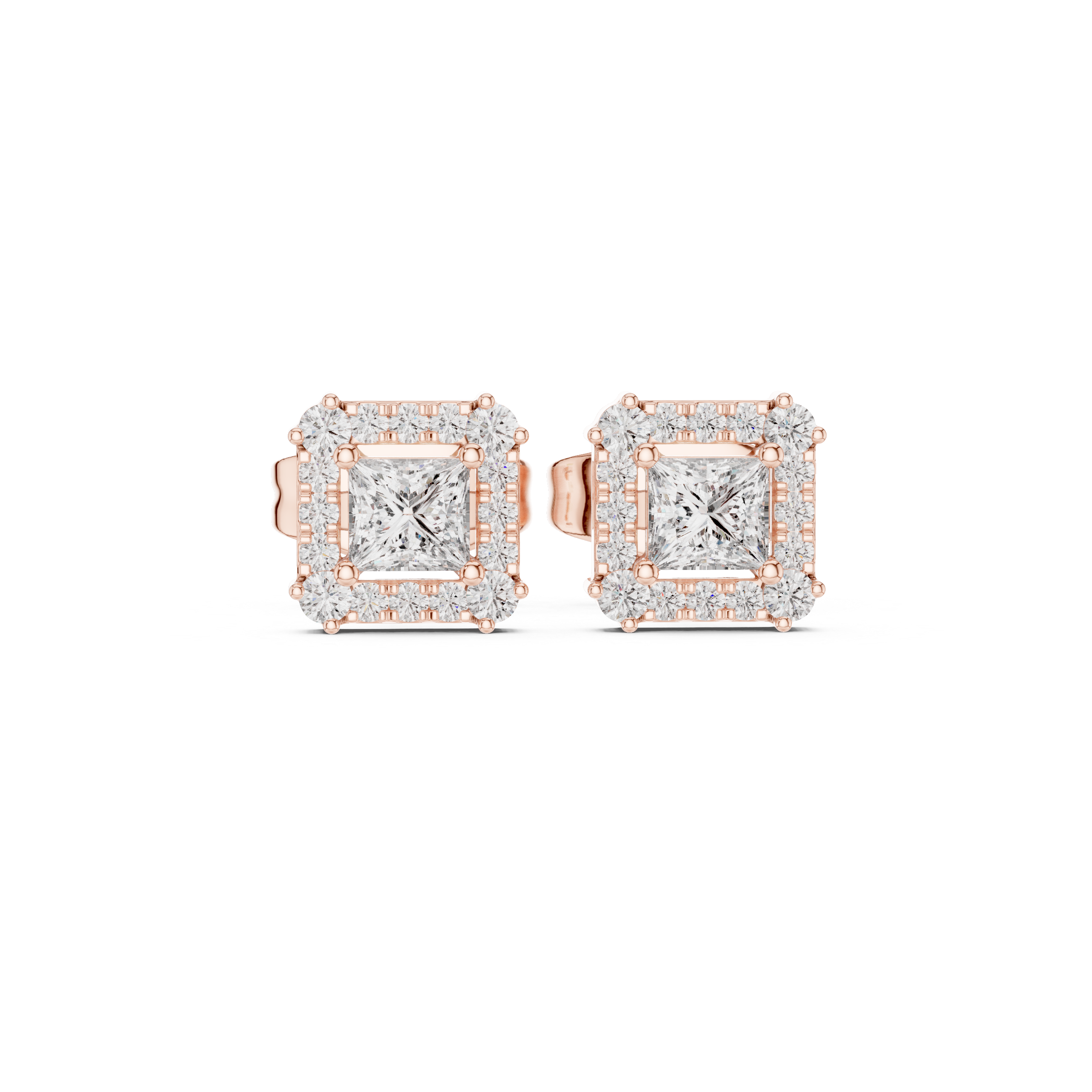 Princess-cut diamond halo stud earrings, rose gold square centers with micro-pavé halo.