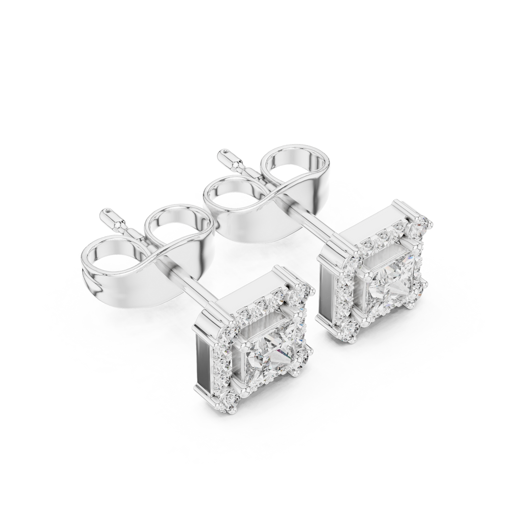Princess-cut diamond halo stud earrings, white gold setting with square center stones.