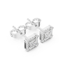 Princess-cut diamond halo stud earrings, white gold setting with square center stones.