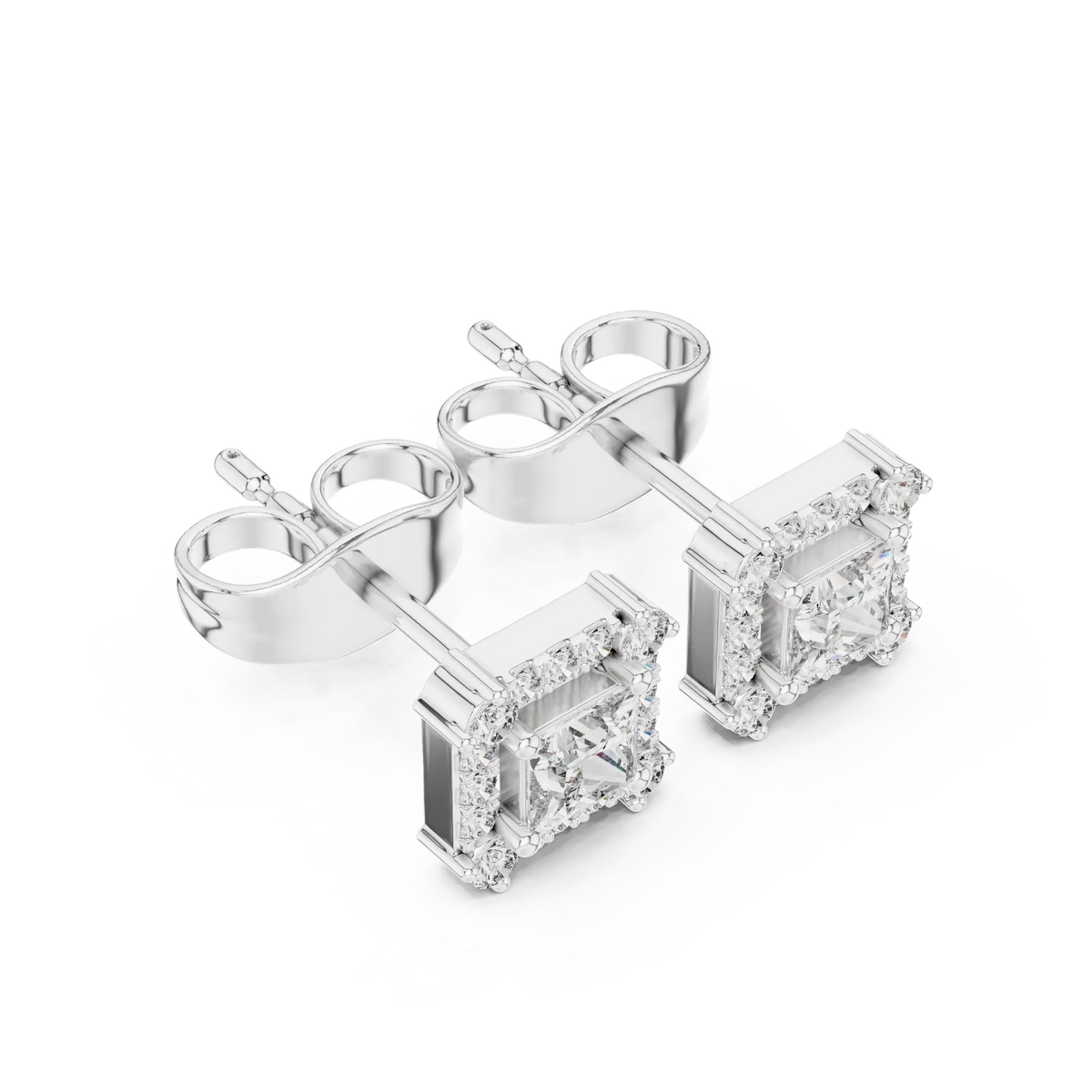 Princess-cut diamond halo stud earrings, white gold setting with square center stones.