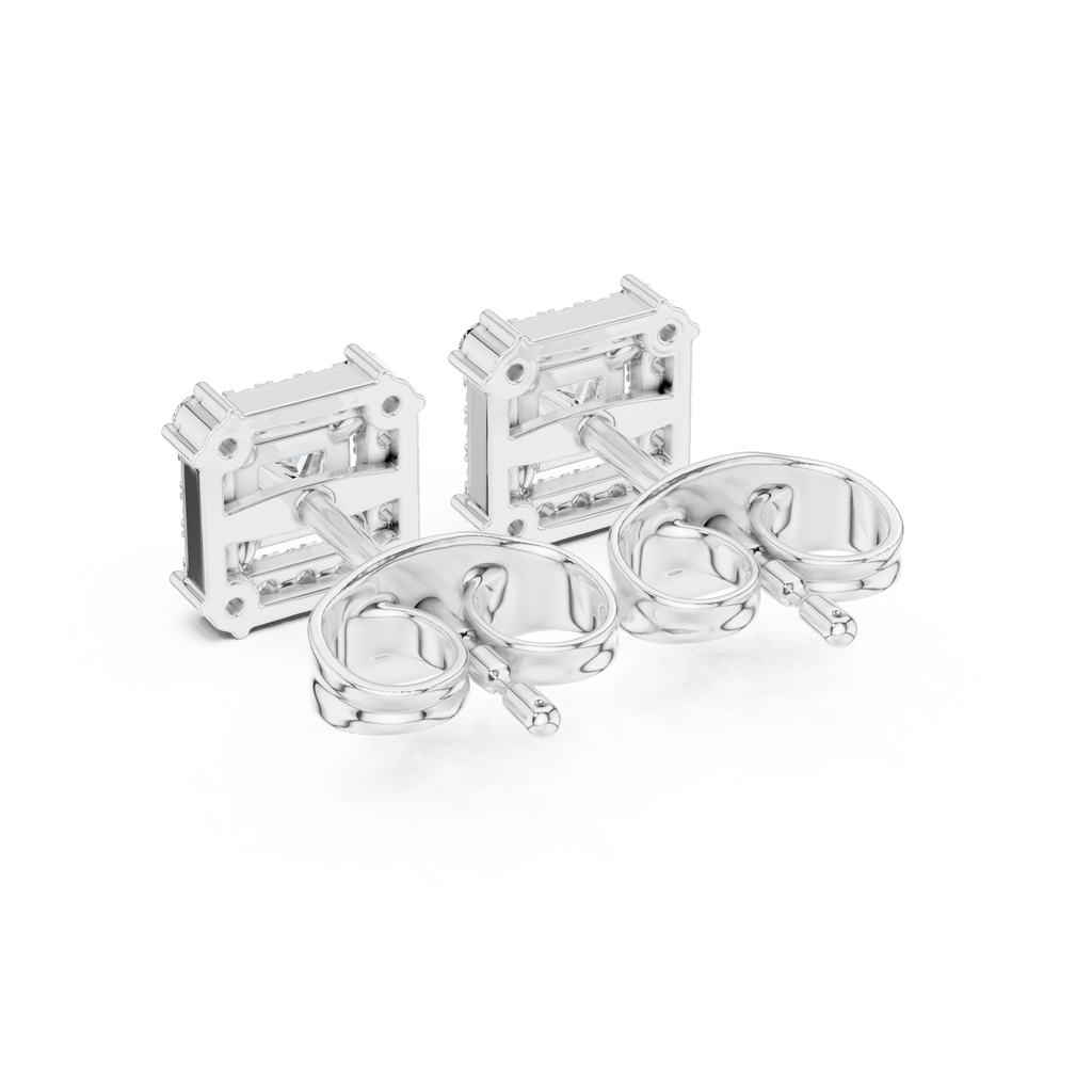 Princess-cut diamond halo stud earrings, white gold setting from the side with square centers.