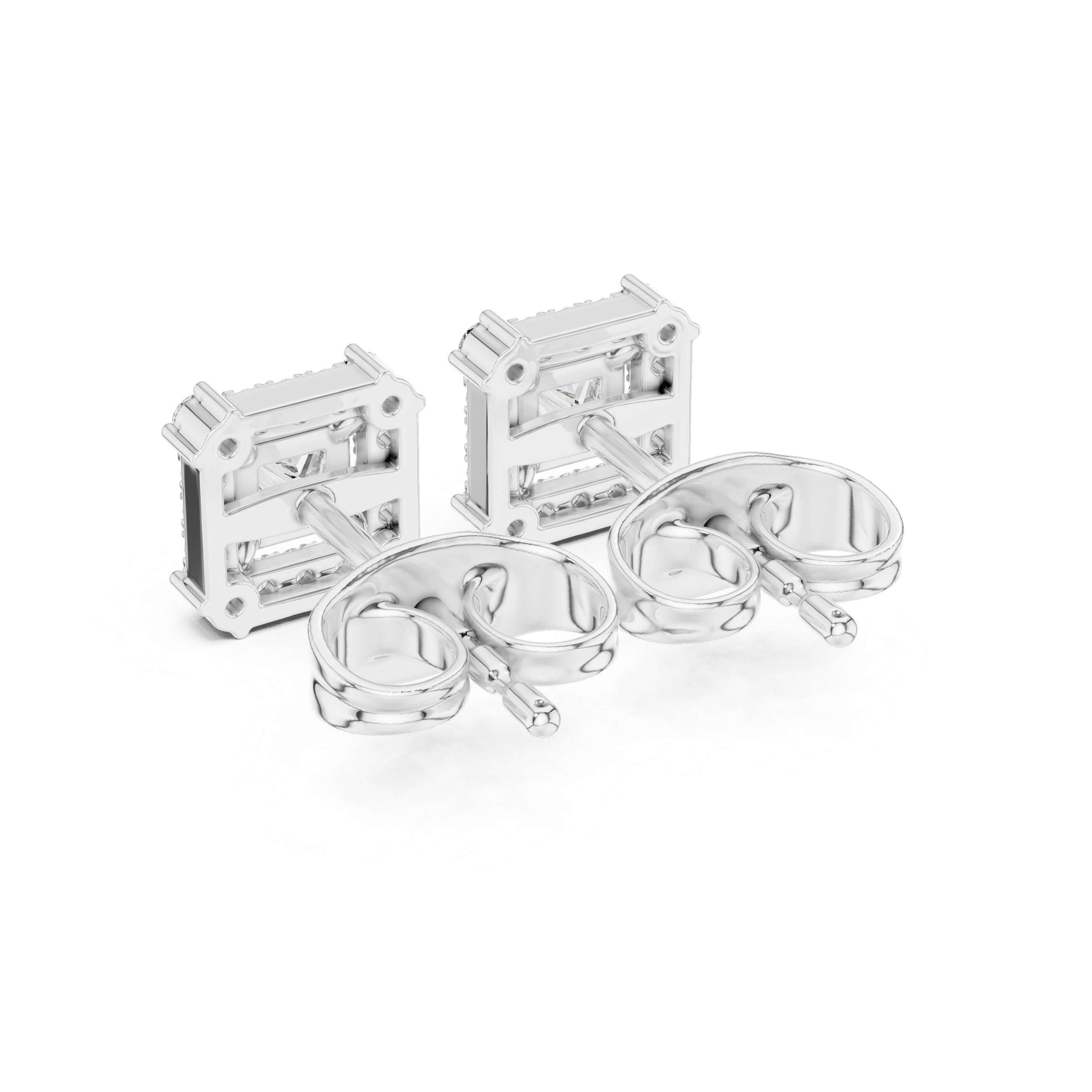 Princess-cut diamond halo stud earrings, white gold setting from the side with square centers.