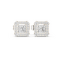 Princess-cut gemstone halo stud earrings, white-gold tone, rectangular diamond settings.