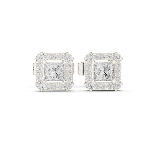 Princess-cut gemstone halo stud earrings, white-gold tone, rectangular diamond settings.