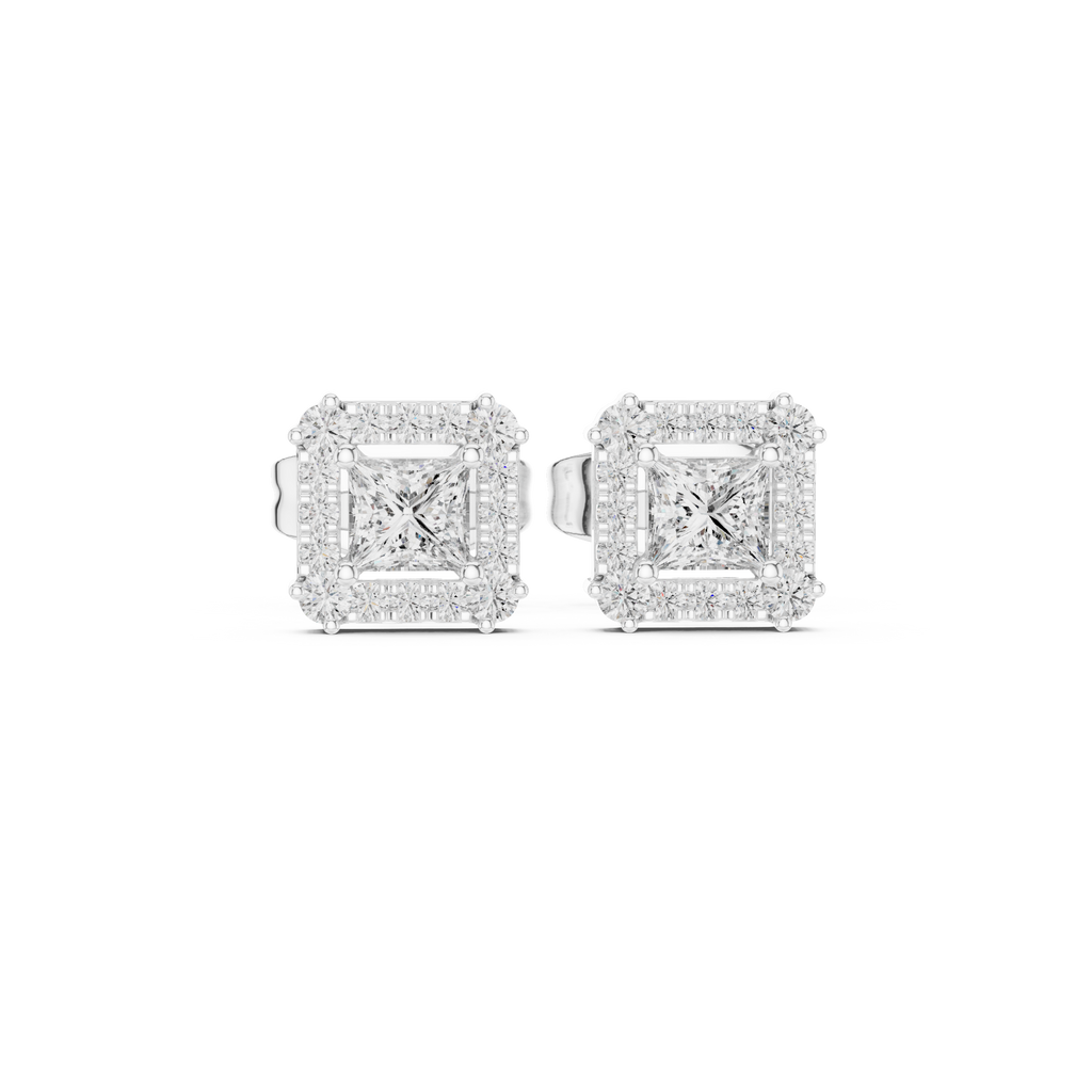 Princess-cut diamond halo stud earrings, white gold square centers with micro-pavé halo.