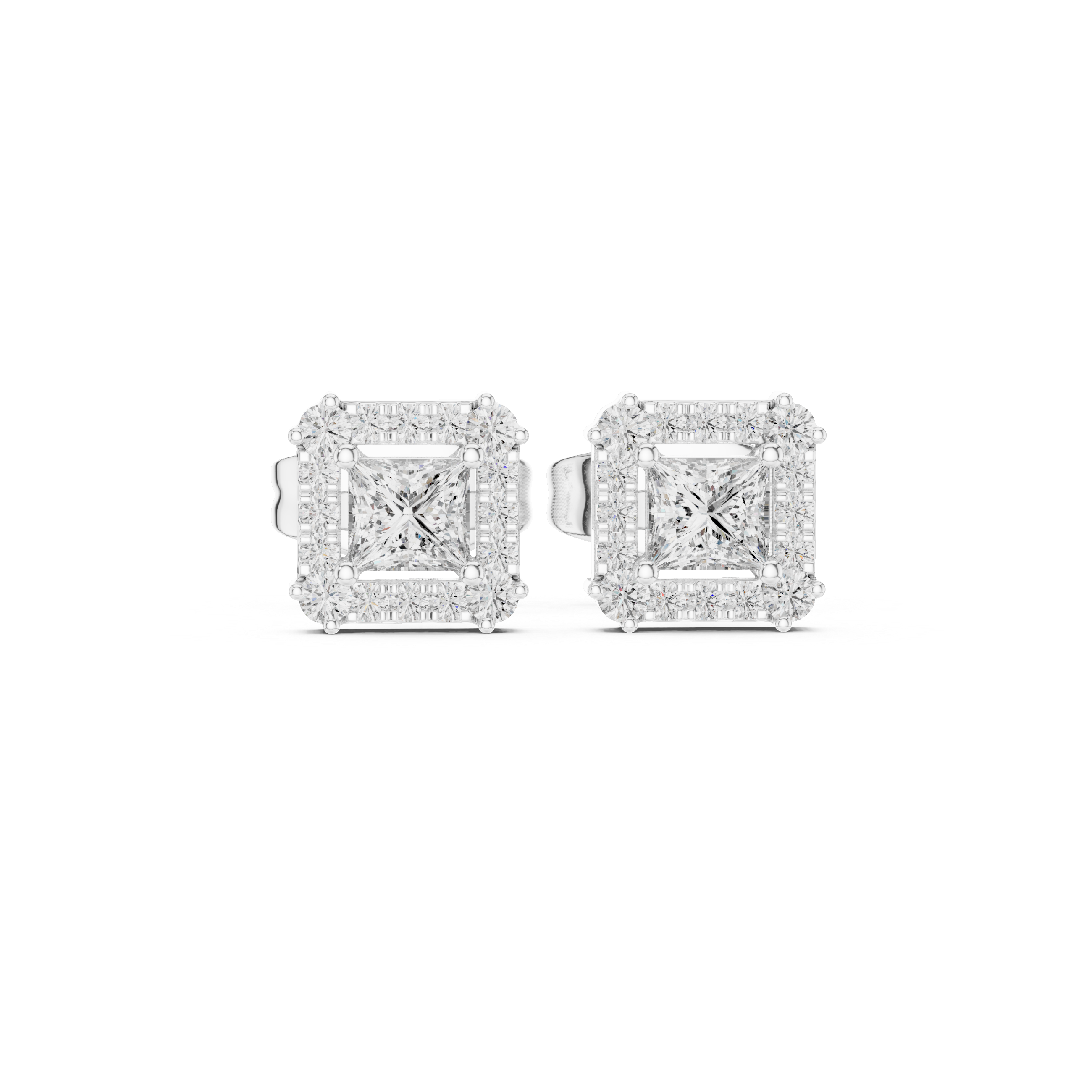 Princess-cut diamond halo stud earrings, white gold square centers with micro-pavé halo.