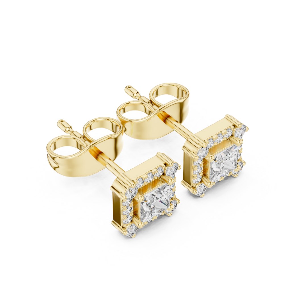 Princess-cut diamond halo stud earrings, yellow gold setting with square center stones.