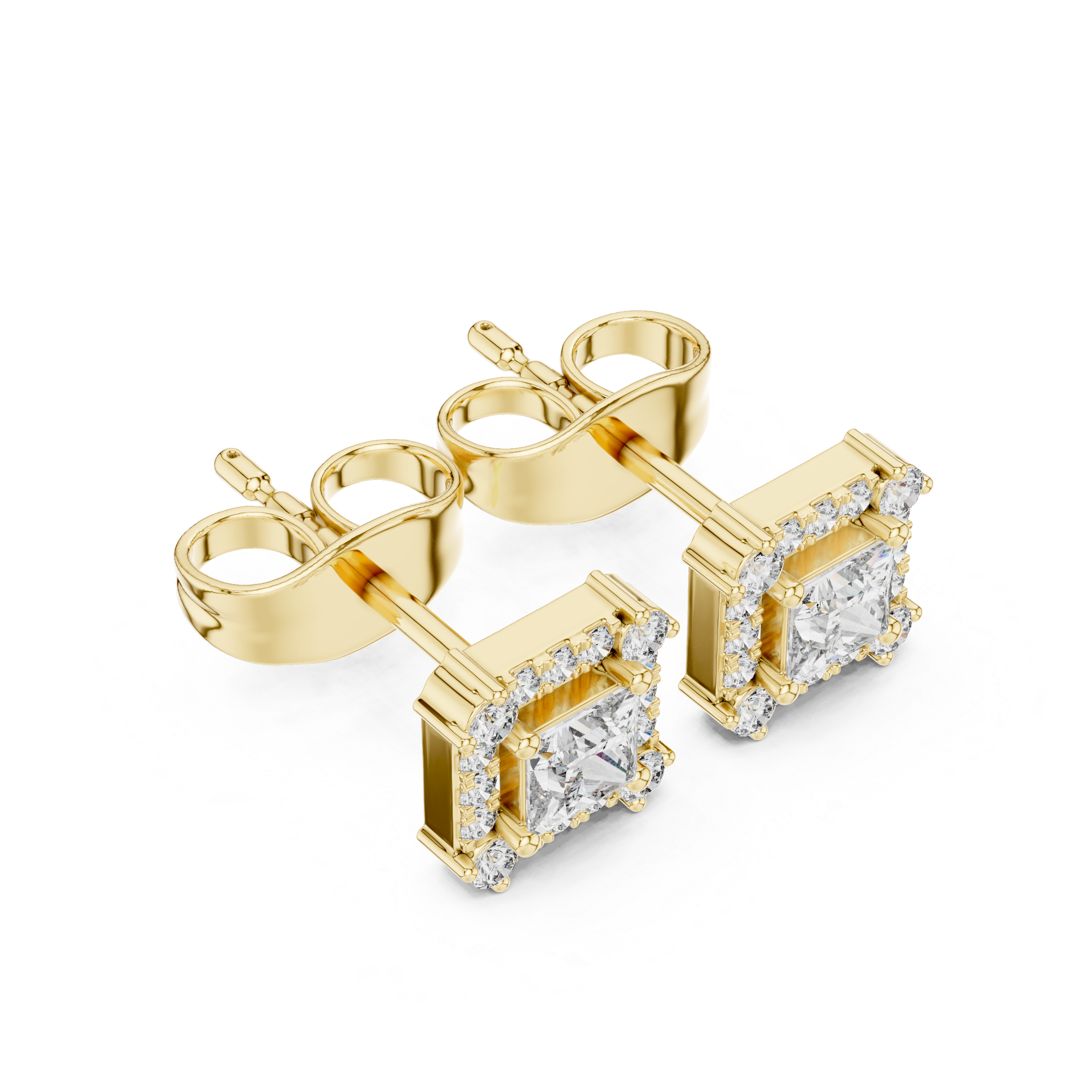 Princess-cut diamond halo stud earrings, yellow gold setting with square center stones.